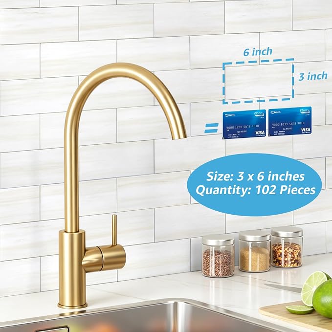 Art3d 102-Piece Peel and Stick Wall Tile for Kitchen Backsplash, Bathroom, Fireplace, 3in. × 6in. Stick on Subway Tile, Cream-White