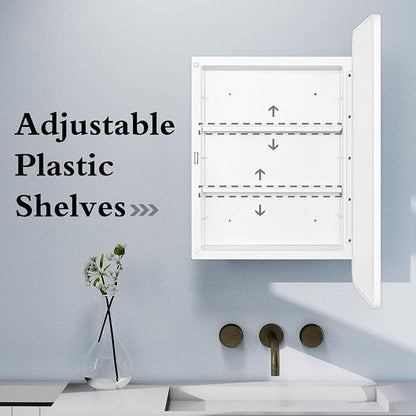 Fundin White Plastic Medicine Cabinet, Mirror Door with Round Corner Metal Frame, Recessed and Surface Mount Bathroom Wall Medicine Cabinet, 16 x 24 inch Mirror Size