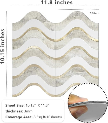 Vamos Tile Peel and Stick Backsplash Seamless Tile,Beige+White+Gold,10 pcs | Stick on Backsplash for Kitchen and Bathroom, PVC Mix Metal Gold Self Adhesive Wall Tiles,11.8''x10.15''