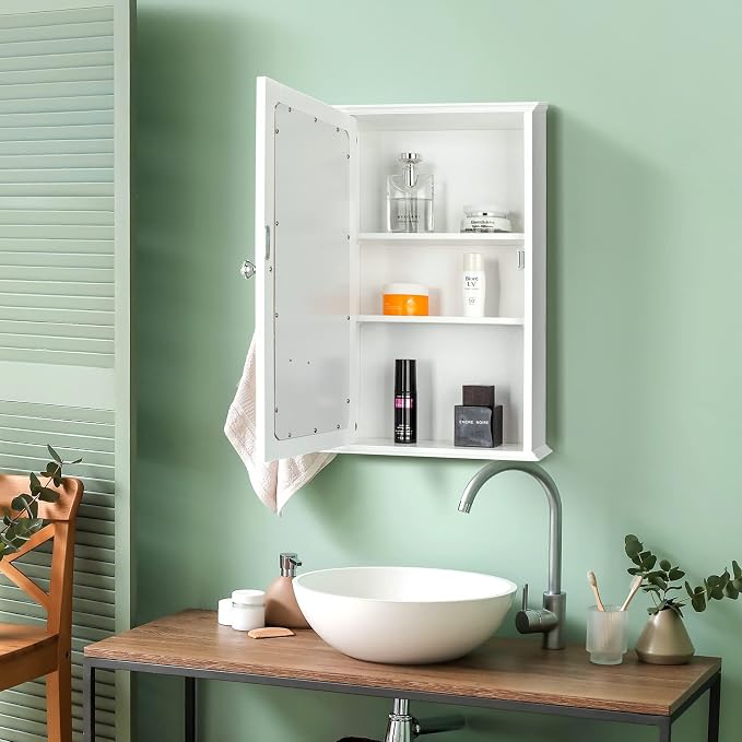 Karl home White Wall Mounted Medicine Cabinet, Single Mirror Bath Storage | Wooden Wall Cabinet with Adjustable Shelves for Bathroom, Living Room, Entryway Storage