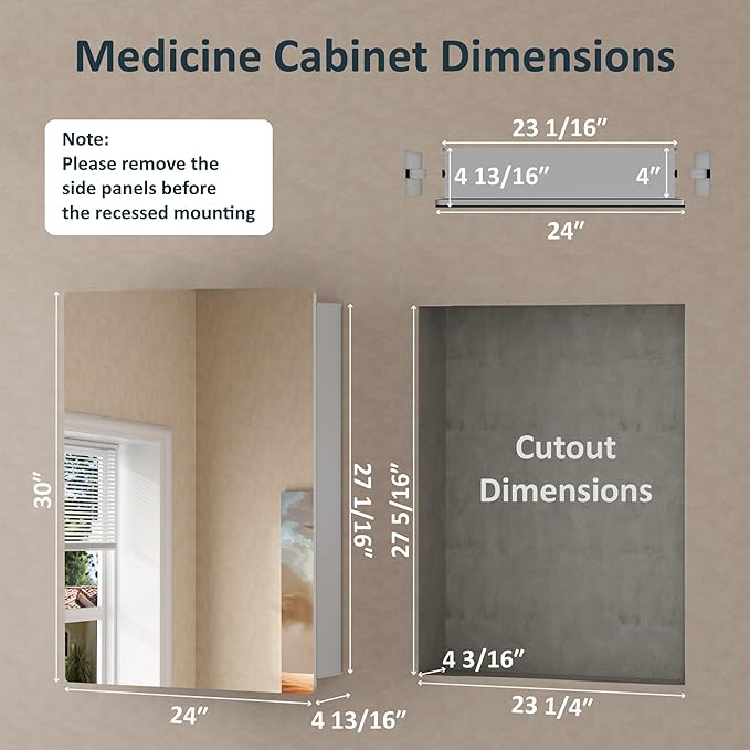 24x30 Inch Medicine Cabinet with Mirror, Recessed or Surface Mounted Bathroom Cabinets for Storage, 2 Fully Adjustable Tempered Glass Shelves, Soft-close DTC Hinges, HD Reflection Mirror Door, Silver