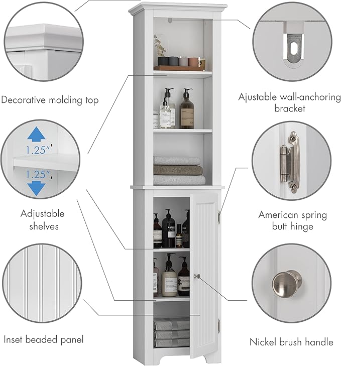 UTEX 64" Freestanding Storage Cabinet, Bathroom Tall Silm Cabinet with Doors and Adjustable Shelves, Free Standing Linen Tower, Home Storage Furniture, White