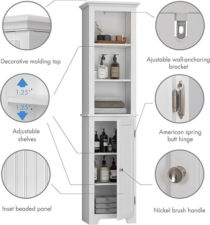 UTEX 64" Freestanding Storage Cabinet, Bathroom Tall Silm Cabinet with Doors and Adjustable Shelves, Free Standing Linen Tower, Home Storage Furniture, White