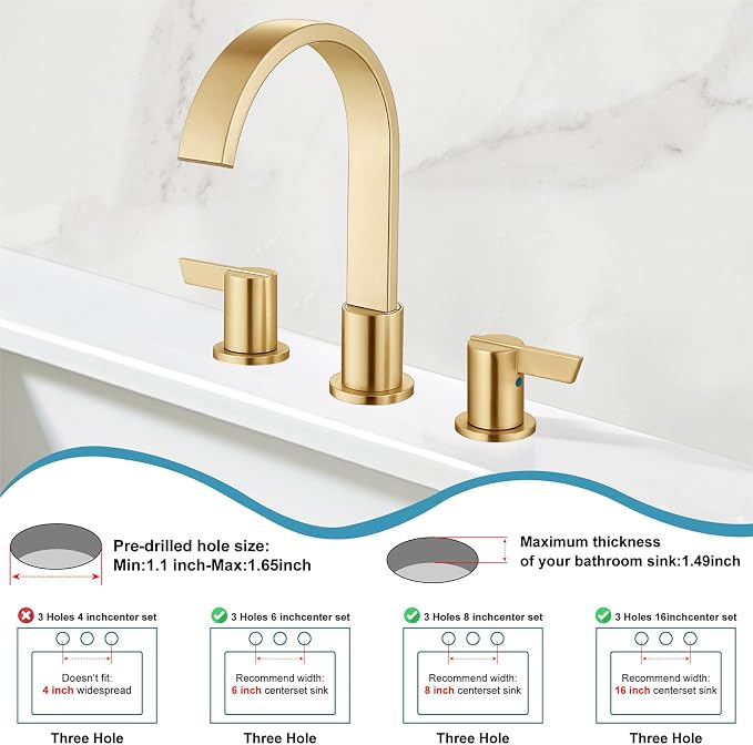 Midanya 8 Inch Widespread Bathroom Sink Faucet 3 Hole,Gold | Waterfall Swivel Spout,2 Handle,SUS304,with Pop Up Drain,cUPC 24" Water Hose,for 6-16” hole distance vanity,RV,Farmhouse Sink