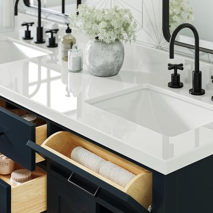 Isabella 66" Midnight Blue Double Bathroom Vanity, 1.5" Edge Pure White Quartz Countertop, Rectangular Undermount Sinks, 4 Soft Closing Doors, 6 Full Extension Dovetail Drawers