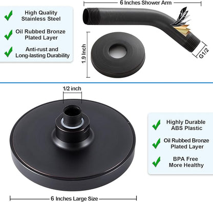 6" Rain Shower Head & 6" Shower Arm, Luxe Oil Rubbed Bronze Finish | High Pressure 6 Inch Fixed Showerhead, Adjustable Replacement, 90 Nozzles, Removable Restrictor, Tool-Free Easy to Install