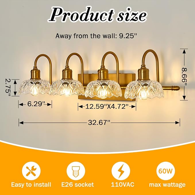 UOFUS 4-Light Gold Vanity Light Vintage Bathroom Lighting Fixtures | Over Mirror with Clear Glass Shade