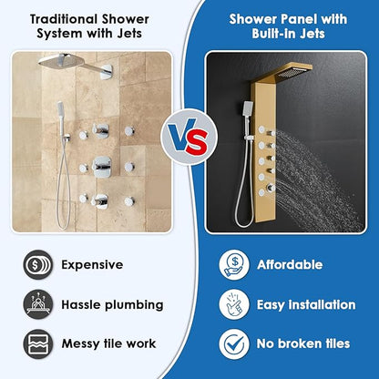ROVOGO Gold Shower Panel Tower System with 4 Simultaneous Functions: Rainfall, Waterfall, Body Jets and Handheld, 304 Stainless Steel Shower Column Wall-Mount
