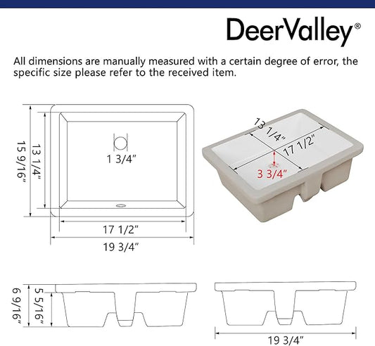 DeerValley 20x16 Inch Black Rectangular Undermount Bathroom Sink, Porcelain Ceramic Vessel Sink with Overflow, Modern Vanity Basin, DV-1U201