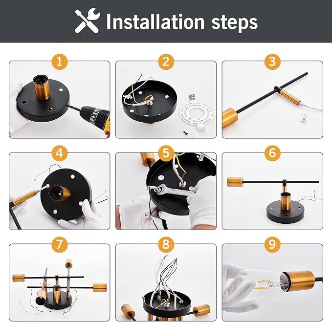 UOFUS Farmhouse 5-Light Semi Flush Mount Ceiling Light Fixture with E26 Modern Matte Black and Gold Chandelier Sputnik Ceiling Lamp for Hallway Kitchen Dining Room Bedroom Study Living Room Bathroom