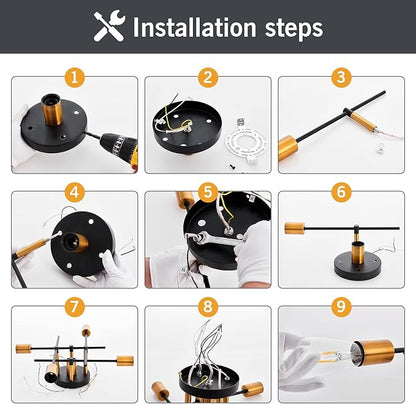 UOFUS Farmhouse 5-Light Semi Flush Mount Ceiling Light Fixture with E26 Modern Matte Black and Gold Chandelier Sputnik Ceiling Lamp for Hallway Kitchen Dining Room Bedroom Study Living Room Bathroom