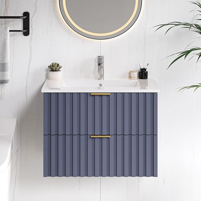 ONBRILL 24 Inch Bathroom Vanity with Sink Combo, Floating Bathroom Vanity with 2 Fluted Drawers & Metal Handle, Modern Wall Mount Storage Cabinet with Ceramic Integrated Sink for Small Space (Blue)