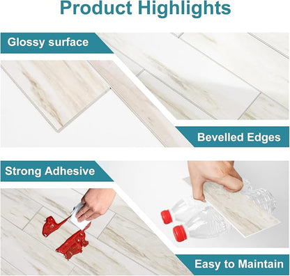 Vamos Tile Peel and Stick Backsplash, Glossy 40-Piece 3''x12'' Subway Tile | Eurasian Wood with White Grout Wall Tile,PVC Faux Stone Stick on Subway Tiles for Kitchen,Bathroom,Laundry,Camper