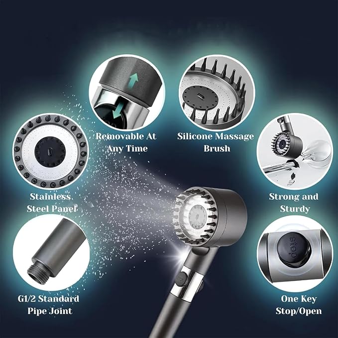 Shower Drops Head Filtered Showerhead With Five Filters,Filtered Shower Head With Handheld,High Pressure Turbo Showerhead,Reusable,Adjustable Settings With Hose4-piece set abc