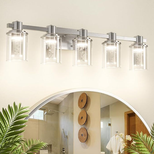 Quntis Brush Nickle Bathroom Lighting Fixtures with 5 Color Mode, 5-Light Dimmable Modern Bathroom Vanity Light Over Mirror, 35 Watt Eye Protection LED Wall Lamp 33 Inch (UL Certified, Bulbs Included)