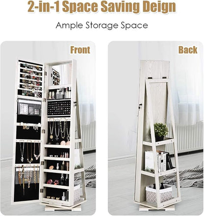 CHARMAID 360° Swivel Jewelry Armoire with Higher Full Length Mirror & Inside Makeup Mirror, Standing Lockable Jewelry Cabinet Organizer, Large Capacity, Back Storage Shelves (Grayish White)