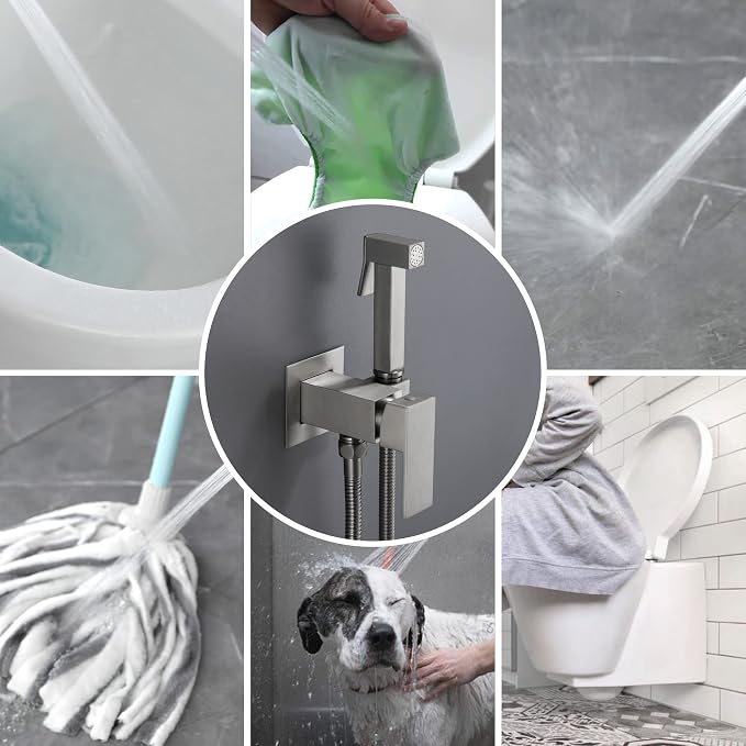 Warm Water Bidet Sprayer for Toilet with Hot and Cold Brass Rough-in Valve, Stainless Steel Handheld Bidet Attachment Set for Feminine, Pets and Baby Diaper Wash, Brushed Nickel, BDS08-2