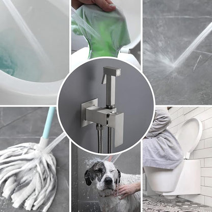Warm Water Bidet Sprayer for Toilet with Hot and Cold Brass Rough-in Valve, Stainless Steel Handheld Bidet Attachment Set for Feminine, Pets and Baby Diaper Wash, Brushed Nickel, BDS08-2
