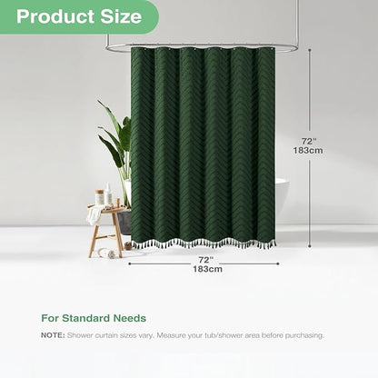 Dynamene Boho Farmhouse Shower Curtain, Dark Green Fabric Tufted Chevron Striped Textured Tassel BathroomShower Curtains, Water Repellent, Minimalist Ruffled Cloth Shower Curtain Set,12 Hook, 72x72