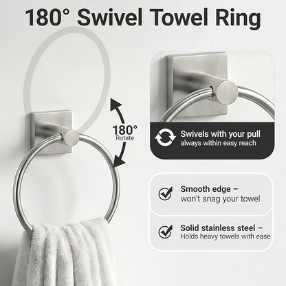 24-Inch Wall Mounted Towel Racks for Bathroom – Space Saver 4-Piece Durable Stainless Steel Bathroom Hardware Set with Towel Bar, Towel Ring, Toilet Paper Holder & Hook, Brushed Nickel