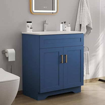 Bathroom 30" Vanity with Ceramic Sink, Wooden Double Door Bathroom Storage Cabinet, Freestanding Cabinet Vanity with Sink (Paint, Blue,30")