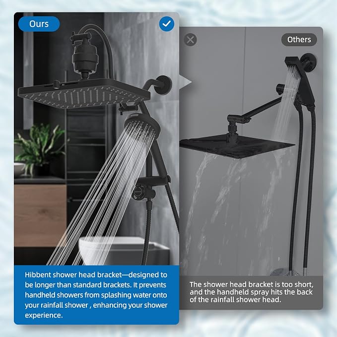Hibbent 5-spray Dual Filtered Rainfall Shower Head with 10 Spray Handheld | High Pressure 13'' Showerhead Combo, Easy Reach 4-way Diverter Arm with Pause Mode, 71'' Hose & Holder, Matte Black