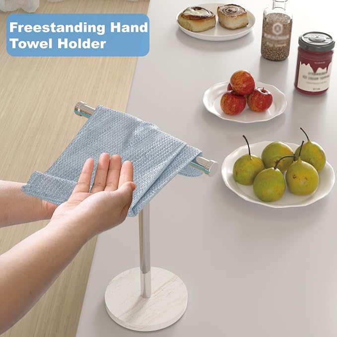Hand Towel Holder for Bathroom, Freestanding Towel Stand, Brushed Nickel | T-shape Stainless Steel Towel Rack with Heavy Marble Base for Hand Towels on Bathroom Vanities, Guest Baths or Counters