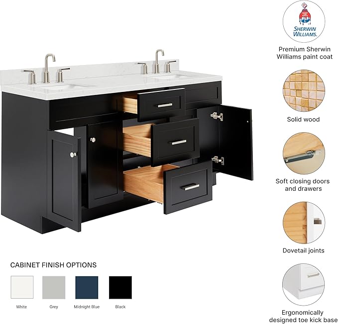 DKB Bradford 66-Inch Black Double Bathroom Vanity, 1.5" Edge Carrara Quartz Countertop & Backsplash, Rectangular Undermount Sinks, Soft Closing Doors & Drawers, Toe Kick, Brushed Nickel Hardware