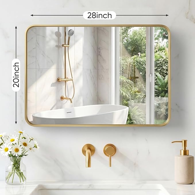 Sweetcrispy Bathroom Mirror 28x20 Inch, Vanity Mirror for Wall | Metal Framed Rounded Rectangle, Over Sink, Farmhouse, Restroom, Anti-Rust, Horizontal or Vertical Hanging, Gold