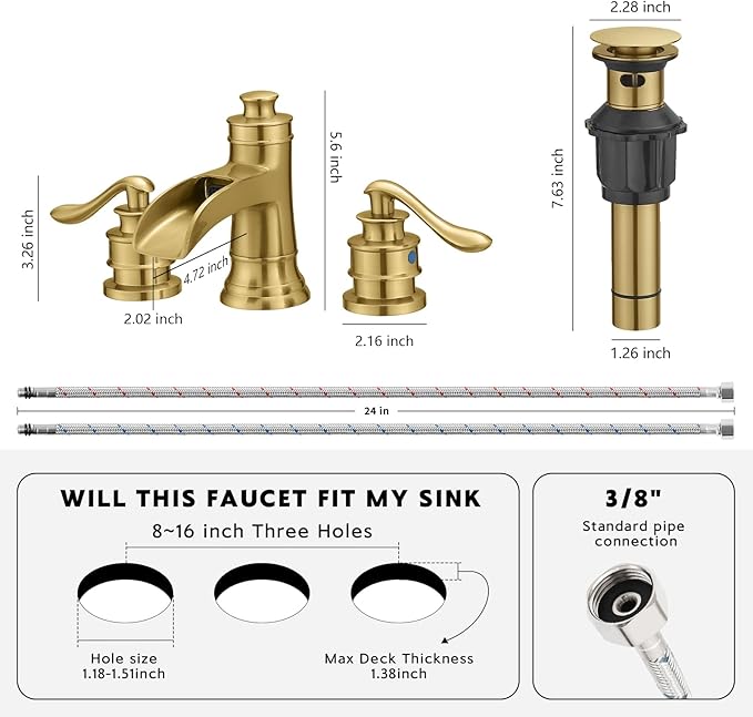 BWE Widespread Bathroom Faucet 3 Hole Brushed Gold Bathroom Sink Faucet 8 Inch Two Handles Vanity Faucet with Pop Up Drain Assembly and Supply Hose