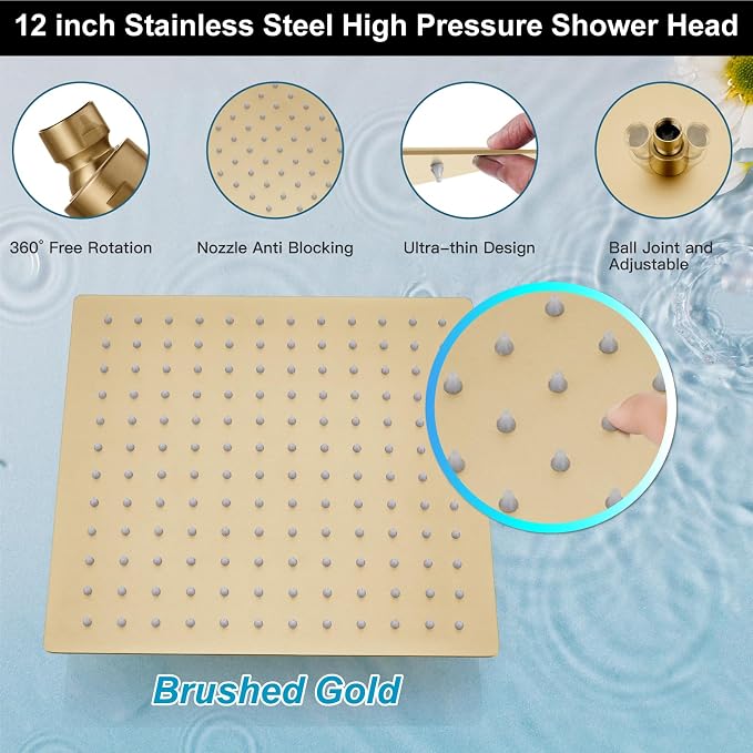 Midanya Shower Faucet Set with Handheld Sprayer,12 Inch,Brushed Gold | Rough-in Shower Valve and Trim Kit Included,Square Rain Head,Wall Mount Shower System,All Metal,Bathroom