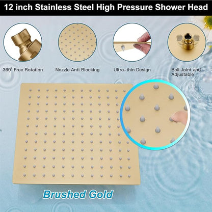 Midanya Shower Faucet Set with Handheld Sprayer,12 Inch,Brushed Gold | Rough-in Shower Valve and Trim Kit Included,Square Rain Head,Wall Mount Shower System,All Metal,Bathroom