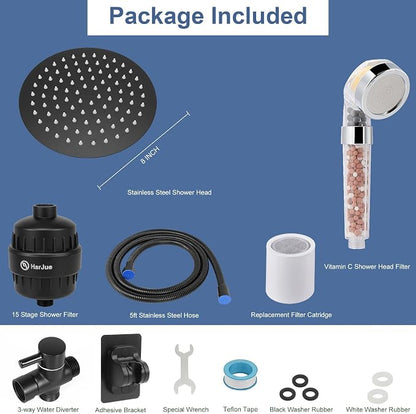 Filter Shower Head, High Pressure 8 Inch Rainfull with Filter Combo for Hard Water, Remove Chlorine Fluoride and Harmful Substances- 1 Replaceable Filter Cartridge (Round, Matte Black)