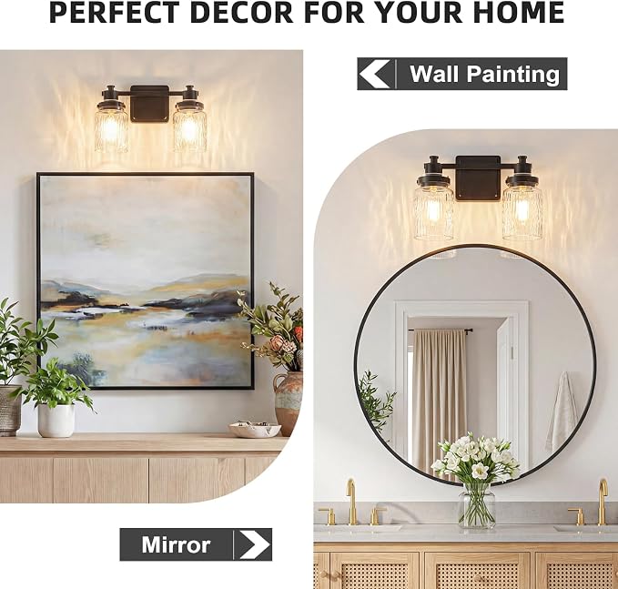 2 Light Bathroom Light Fixtures Farmhouse Black Vanity Lights | ETL Certificate, Easy to Install,Wall Mount Up or Down,Hammered Glass Lampshade,E26 Socket,Hardwired,120V