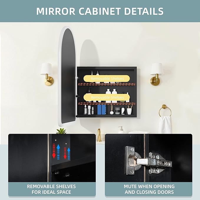 Casaphoria 36" H x 24" W Arched Bathroom Medicine Cabinet with Mirror, Wooden Frame and 2 Adjustable Shelves Wall Medicine Cabinets Mirrors, White