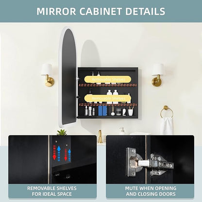 Casaphoria 36" H x 24" W Arched Bathroom Medicine Cabinet with Mirror, Wooden Frame and 2 Adjustable Shelves Wall Medicine Cabinets Mirrors, White