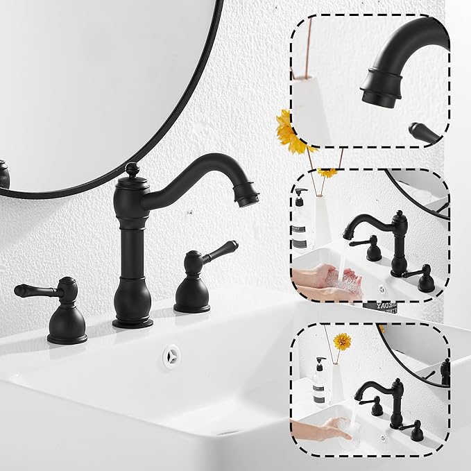 GGStudy 2 Handles 3 Holes Faucet Widespread Bathroom Sink Faucet Basin Tap Mixer Supply Hose Included Matching Pop Up Drain Matte Black