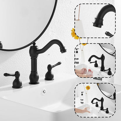 GGStudy 2 Handles 3 Holes Faucet Widespread Bathroom Sink Faucet Basin Tap Mixer Supply Hose Included Matching Pop Up Drain Matte Black