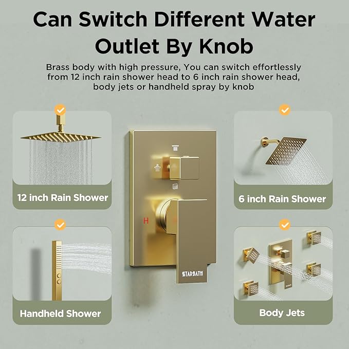Shower System with 4 Body Spray Jets, STARBATH 4 Way 12 + 6"Rainfall Shower Head with Handheld Combo, Ceiling Mounted Shower Jets System in Wall Shower Faucet Set, Brushed Gold