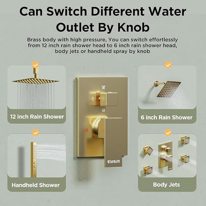 Shower System with 4 Body Spray Jets, STARBATH 4 Way 12 + 6"Rainfall Shower Head with Handheld Combo, Ceiling Mounted Shower Jets System in Wall Shower Faucet Set, Brushed Gold