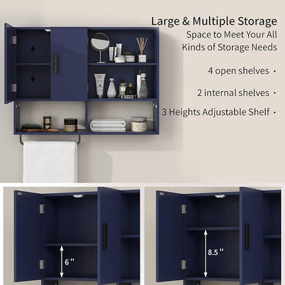 Bathroom Wall Cabinet with Towel Bar & 2 Doors, Blue | Wall mounted cabinet for bathroom, over the toilet storage with multiple compartments organize toiletries, cosmetics