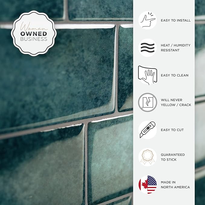 Smart Tiles Peel and Stick backsplash, Subway Teal Green, 11.55"x8.38" | Pack of 5 (2.8 sq ft), Glossy, Heat/Moisture Resistant, Low VOC, Kitchen/Bathroom, Renter Friendly, Made in Canada
