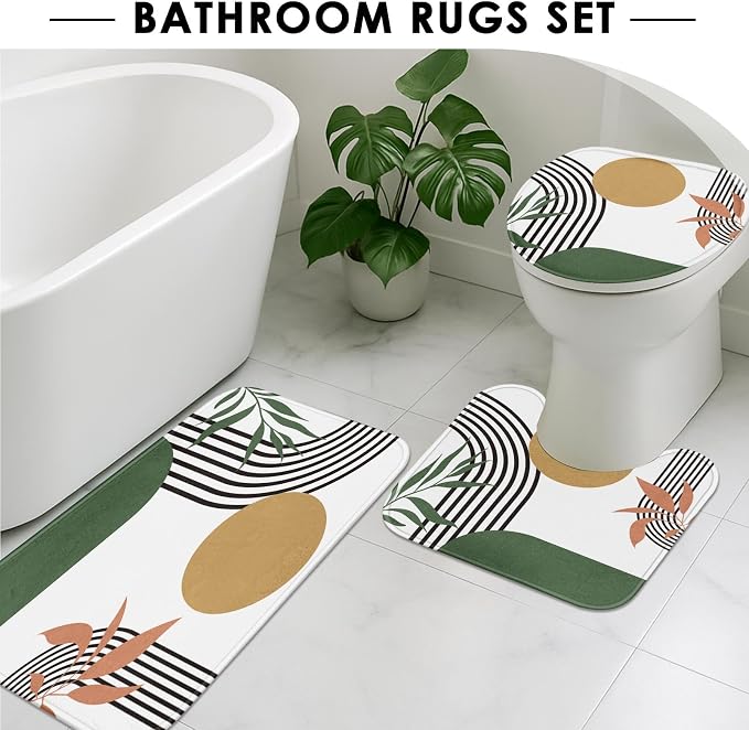 Bathroom Sets with Shower Curtain and Rugs, 4 Pcs, Boho Green | Minimalist Modern Abstract Bathroom Decor Set with Toilet Lid Cover, Non-Slip Bath Mats and 12 Hooks