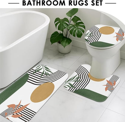 Bathroom Sets with Shower Curtain and Rugs, 4 Pcs, Boho Green | Minimalist Modern Abstract Bathroom Decor Set with Toilet Lid Cover, Non-Slip Bath Mats and 12 Hooks