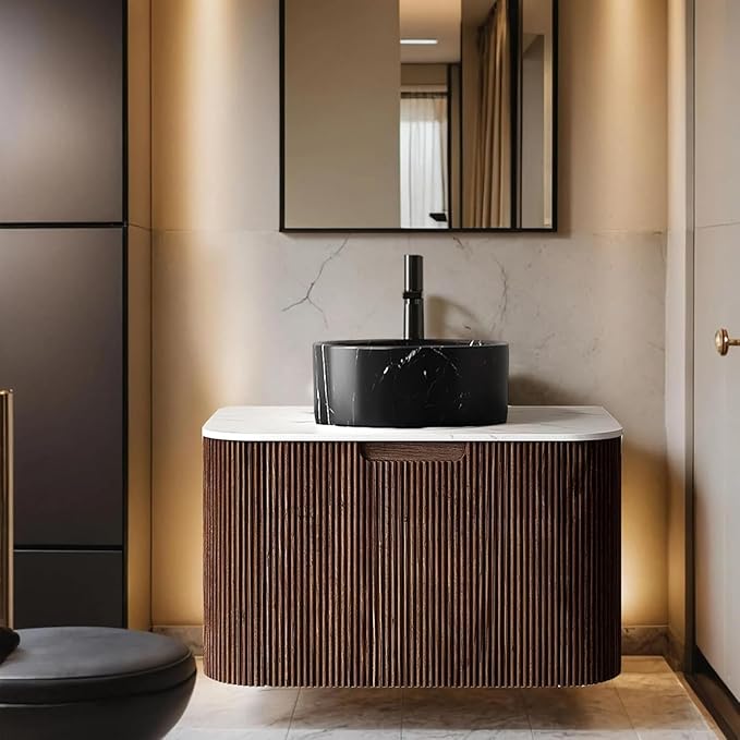 24" Floating Bathroom Vanity with Sink, Modern Storage Cabinet with Black Stone Pattern Ceramic Basin and Marble Top, Large Storage Drawer, Soft-Close Design, Pre-Assembled, Dark Walnut