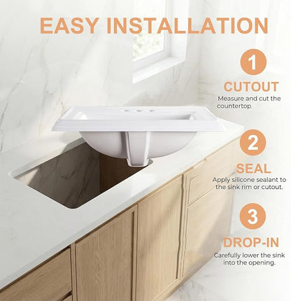 23" Drop-in Bathroom Sink with 4" Centerset 3 Hole Ceramic Basin | 23.2"x18.3", White Premium Porcelain, Self-Rimming Rectangle Design,Semi-recessed for Master Bath, Guest Powder Room Remodel