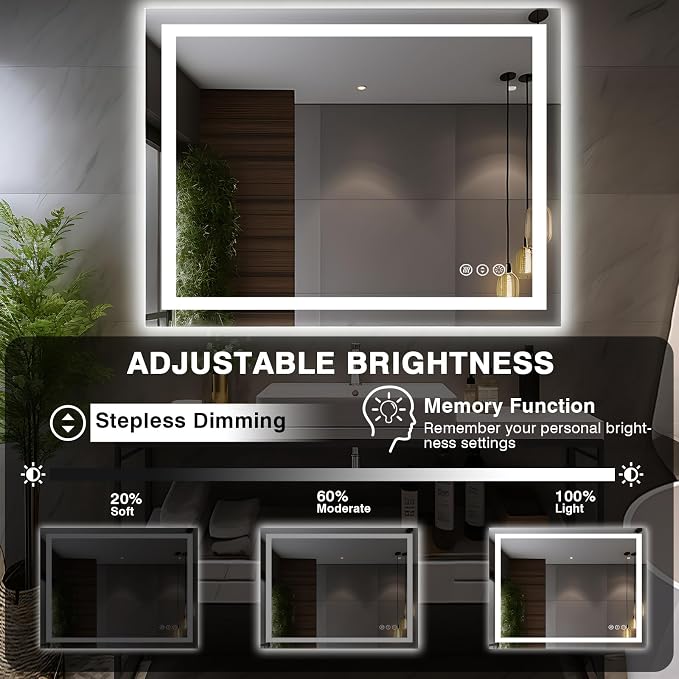 EchosLife 44"x36" LED Light Mirror for Bathroom | Backlit + Front Lit, Anti-Fog, Stepless Dimmable, 3 Colors, Memory, Tempered Glass, UL Listed, Horizontal/Vertical