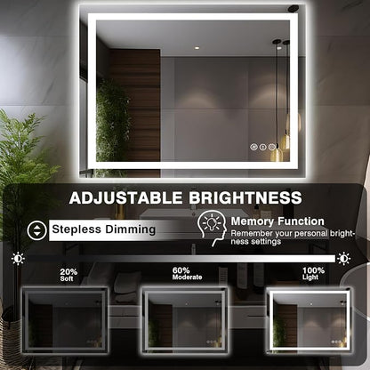 EchosLife 44"x36" LED Light Mirror for Bathroom | Backlit + Front Lit, Anti-Fog, Stepless Dimmable, 3 Colors, Memory, Tempered Glass, UL Listed, Horizontal/Vertical