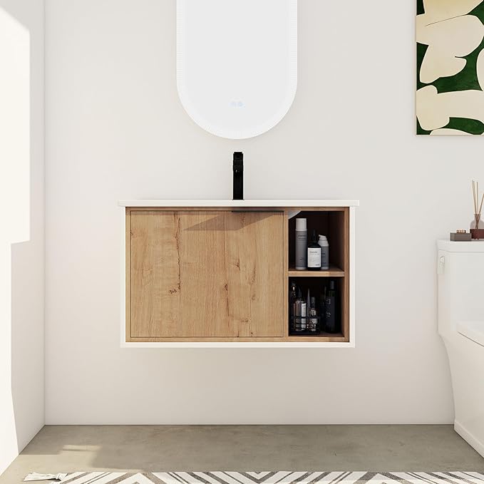 SSLine 30" Wall-Mount Bathroom Vanity Modern Floating Bathroom Vanity Set with Ceramic Sink Basin 24-Inch Oak Brown Small Bathroom Vanities with Storage Cabinet and Open Shelf