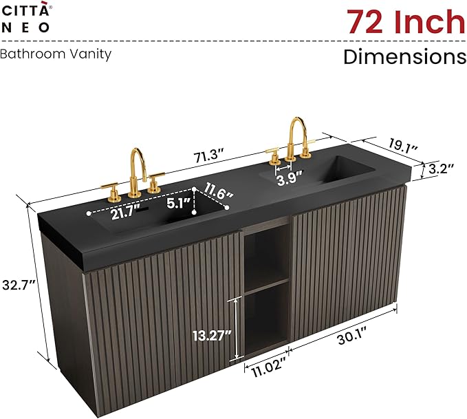 72" Bathroom Vanity with Double Sink, Freestanding Double Sink Bathroom Vanity with Black Engineered Stone Top, Open Storage Cabinet & Adjustable Shelf, 4 Soft-Closing Doors, Smoked Oak Brown